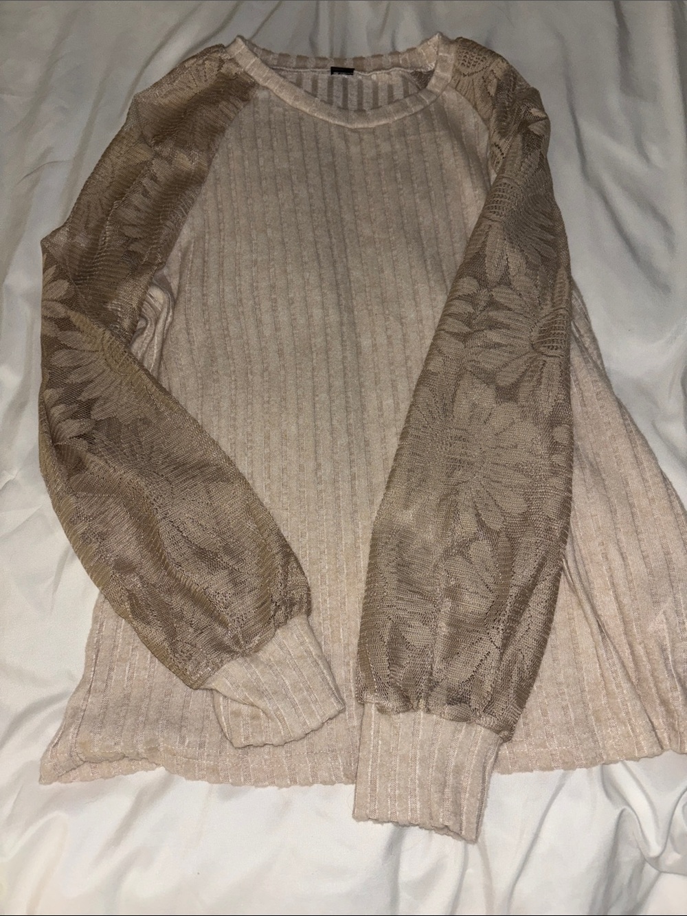 SHEIN Beige Ribbed Knit Sweater with Floral Sheer Sleeves